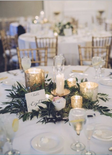 simple centerpieces with greenery and gold mercury glass candles Mercury Glass Centerpiece, Mercury Glass Wedding, Malibu Wedding, Boda Mexicana, Wedding Table Settings, Wedding Table Centerpieces, Mercury Glass, Wedding Pinterest, Reception Decorations