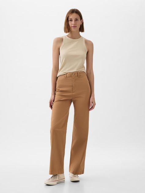 High Stride Wide-Leg Ankle Khakis | Gap Long White Socks, Brown Pants Outfit, Basic White Tee, Agricultural Practices, Womens Khakis, Water Retention, Minimal Look, Soil Health, Wide Leg Linen Pants