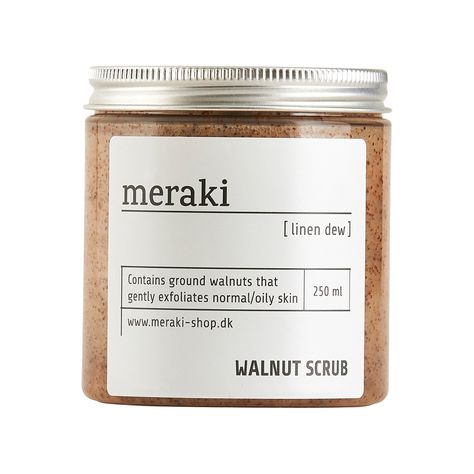 Meraki Walnut Scrub  - Trouva Face Scrub Recipe, Botanics Skin Care, Oily Skin Care Routine, Jar Packaging, Exfoliating Body Scrub, Organic Beauty Brands, Exfoliating Scrub, Food Packaging Design, Jar Labels