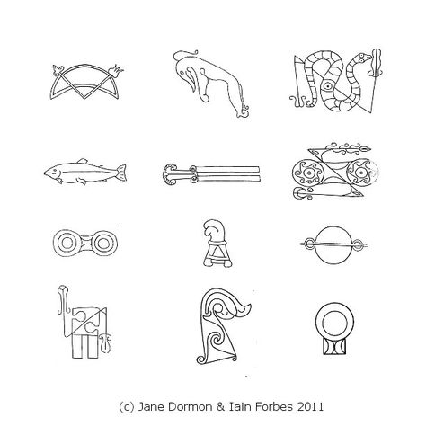 Selected Pictish symbols from different stones, published in Last of the Druids by Jane Dorman and Ian Forbes Pict Symbols, Pict Tattoo Scotland, Pictish Tattoo Scotland, Pict Warrior, Pictish Symbols, Pictish Stones Scotland, Celtic Archeology, Pictish Stone Carving, Celtic Stone Carving