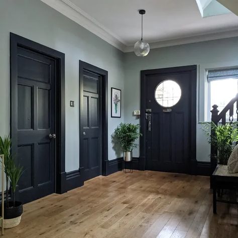 Misted Green, Edwardian Hallway, Hallway Colour Schemes, Hallway Paint Colors, Black Interiors, Grey Hallway, Going Dark, Hallway Paint, Victorian Hallway