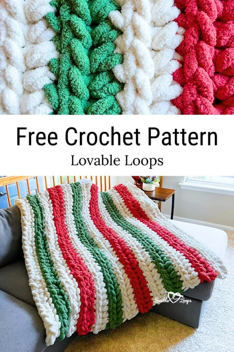 This free, easy crochet afghan pattern makes a quick and simple Christmas throw blanket with a classic and traditional style, perfect for beginner crocheters. Made with jumbo yarn for a chunky knit look, it features striped Christmas colors and a ribbed texture for extra cozy warmth. Ideal for xmas ideas, it’s a unique handmade gift and aesthetic home decor for the winter season. Snuggle up with this squishy rectangle diy design using Bernat Blanket Extra Thick! Christmas Blanket Pattern, Crochet Christmas Blanket, Easy Crochet Afghan, Bulky Yarn Patterns, Afghan Crochet Patterns Easy, Christmas Crochet Blanket, Yarn Project, Jumbo Yarn, Christmas Throw Blanket