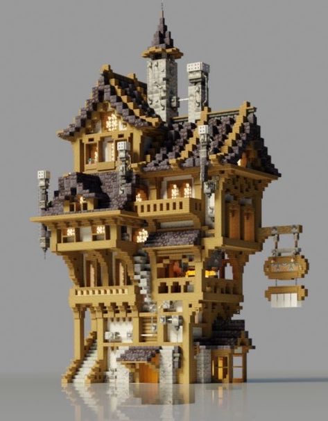 Minecraft Tall House Ideas, All The Mods 8 Minecraft Builds, Minecraft Base Medieval, Medival Homes Minecraft, Victorian Style Minecraft House, Steampunk Mc Builds, Minecraft Steampunk House Ideas, Minecraft Steampunk Village, Steampunk Building Minecraft