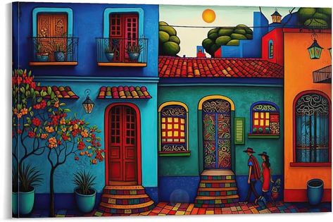 Amazon.com: ZHJLUT Mexican Poster Mexican House Wall Art Colorful Mexican Folk Art Painting Wall Art Paintings Canvas Wall Decor Home Decor Living Room Decor Aesthetic Prints 24x36inch(60x90cm) Frame-style: Posters & Prints Mexican Paintings Ideas Mexico, Painting Ideas On Canvas Mexican, Spanish Murals Mexican Style, Mexican House Artwork, Mexican Paintings Ideas, Mexican Village Paintings, Mexican Poster, Mexican Houses, Living Room Decor Aesthetic