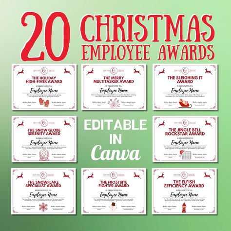 Add a touch of humor to your office holiday celebrations with our set of 20 Funny Christmas Awards Certificates for Employees!  These printable templates are a lighthearted way to acknowledge the unique talents and quirks of your team members. These certificates are sure to bring smiles and laughter to your workplace. Perfect for end-of-year parties, team gatherings, or as a fun addition to your holiday festivities.  Download, print, and personalize them for a memorable and entertaining celebration. Spread the holiday cheer and recognize your awesome team in style! INCLUDED: - 20 Funny Christmas Employee Award Certificates; - Printable format - Download, Print and have them ready in minutes; - Editable in Canva - easily customizable using Canva; - Fun and creative designs that staff member Work Awards Funny Printable Certificates, Christmas Awards Ideas, Awards Certificates Template Funny, Funny Certificates Awards For Employees, Fun Employee Awards, Funny Christmas Party Awards, Office Awards Humor, Customer Christmas Gifts Business, Work Awards Funny