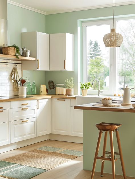 82 Kitchen Colors Ideas: Modern Palettes for Painting Cabinets and Walls! White Cabinet Green Walls, Sage Green Walls In Kitchen, Green Kitchen Walls Cream Cabinets, Light Green Kitchen Walls White Cabinets, Pale Green Kitchen Walls, Light Green Walls Kitchen, White Kitchen With Green Walls, Soft Green Kitchen Walls, Wall Colors Kitchen