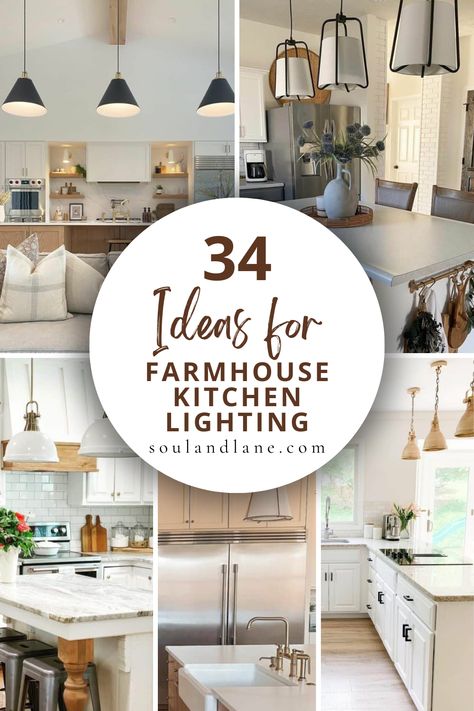 Brighten your farmhouse kitchen with innovative lighting solutions that offer a mix of country radiance and modern flair. Opt for chandeliers with rustic, wooden beams for a dramatic focal point, or choose minimalist, wire-frame pendants for a lighter touch. Wall sconces in antique finishes can add layers of light and charm, perfect for illuminating prep areas or creating a warm welcome in breakfast nooks. For spaces that blend classic and contemporary elements, consider geometric shapes and cle Farmhouse Indoor Lighting, Black Farmhouse Pendant Light, Diy Farmhouse Lighting, Kitchen And Dining Lighting, Modern Farmhouse Kitchen Light Fixtures, Farmhouse Kitchen Lighting Ideas, Farmhouse Kitchen Pendant Lights, Farmhouse Island Lighting, Kitchen Nook Lighting