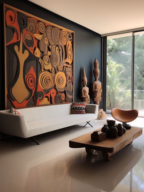 African American Home Decor Living Rooms, Modern Afro Centric Decor, South American Interior, South American Interior Design, Living Room African Style, African Modern Home Decor, African Room Decor Ideas, Afrohemian Decor Living Room, African Interior Design Living Rooms