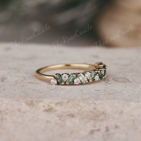 Moss Agate Wedding Band, Yellow Gold Stacking Rings, Ring Moss Agate, Rings Art Deco, Wedding Band Gold, Agate Wedding, Half Eternity Wedding Band, Moss Agate Ring, Full Eternity Ring