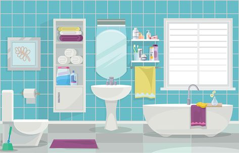 Bathroom Illustration, Feng Shui Colors, Modern Bathroom Interior, Gacha Backgrounds, Interior Clean, Bathroom Colors, Bathroom Supplies, Flat Illustration, Beautiful Bathrooms