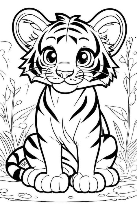 Tiger Colouring Pages, Tiger Cub Drawing, Tiger Drawing For Kids, Tiger Cartoon Drawing, Siluet Art, Tiger Art Drawing, Tiger Drawings, Tiger Coloring Pages, Drawing Coloring Pages