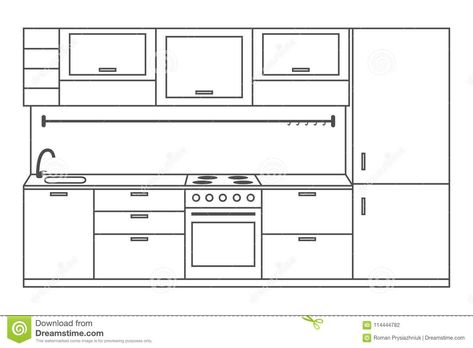 Illustration about Kitchen interior front view, linear sketch. Line kitchen with furniture, stove, fridge, cupboards and shelves. Vector illustration. Illustration of drawing, graphic, food - 114444782 Drawing Kitchen Design, Dream Kitchen Drawing, Kitchen Ideas Sketch, Simple Kitchen Drawing, Modern Kitchen Drawing, Kitchen Sketch Drawing Interior Design, Kitchen Ideas Drawing, Interior Design Kitchen Drawing, Kitchen Drawing Easy