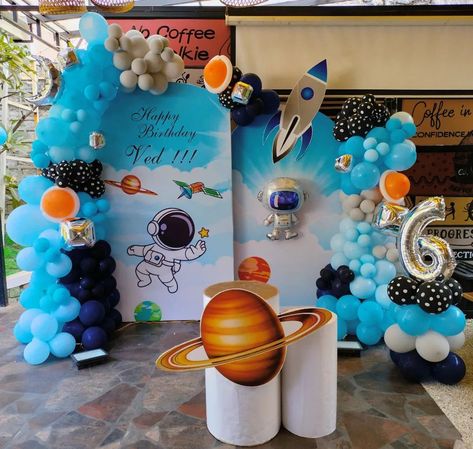 Space theme decoration at home at best price call for more information 8285297156 Outer Space Backdrop, Space Bday Party Ideas, Space Theme Backdrop, Astronaut Birthday Party Ideas, Space Theme Decoration, Space Theme Decorations, Tennis Cake, Moon Stars Baby Shower, Space Party Decorations