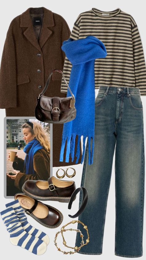 chunky scarf outfit :) blue scarf with a long brown coat, gold jewelry, black headband, and striped sweater Long Brown Coat Outfit, Striped Scarf Outfit, Brown Scarf Outfit, Brown Long Coat Outfit, Blue Scarf Outfit, Chunky Scarf Outfit, Blue Coat Outfit, Chunky Sweater Outfit, Scarf Outfit Fall