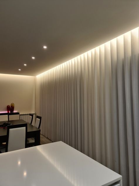 Curtains With Led Lights, Cove Lighting Ceiling, Curtain Designs For Bedroom, Living Room Lighting Design, New Ceiling Design, Latest Living Room Designs, Led Curtain, Home Lighting Design, Furniture Details Design