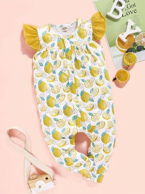 Baby Girl Lemon Print Jumpsuit | SHEIN USA Funny Baby Boy, Baby Growth, Body Suit With Shorts, Baby Jumpsuit, Lemon Print, Yellow Plaid, Matching Headband