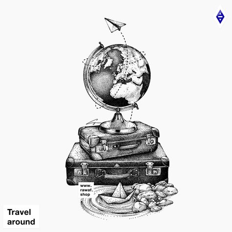 Dotwork wanderlust travel tattoo design - more on Instagram (@the_rawflow), download on my website (www.rawaf.shop) 500 Tattoo, Geniale Tattoos, Trendy Tattoo, Travel Drawing, Symbol Tattoos, Pencil Art Drawings, Nature Tattoos, Ink Illustrations, Pen Art