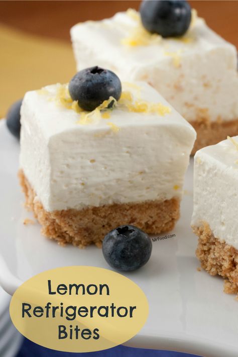 Try these light and fluffy Lemon Refrigerator Bars at your next brunch. They're delicious and easy to make! Lemon Refrigerator Bites, Funnel Cake Fries, Standing Mixer, Lemon Treats, Quick Easy Dinner Recipes, Mr Food, Blondies Brownies, Bite Size Desserts, Ice Cream Sorbet