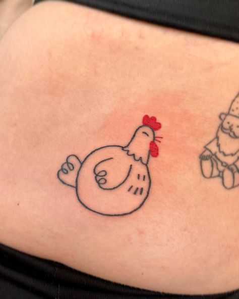 Chicken Nugget Tattoo, Chicken Drawings, Gnome Tattoo, Blue Ink Tattoos, Chicken Tattoo, Chicken Drawing, Red Ink Tattoos, E Tattoo, Cute Chickens