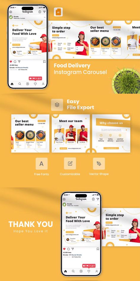 Delivery Instagram Post, Food Carousel Post, Food Design Ideas, Instagram Carousel Template, Facebook Carousel Ads, Carousel Template, Designer Grafico, Carousel Design, Food Delivery Business