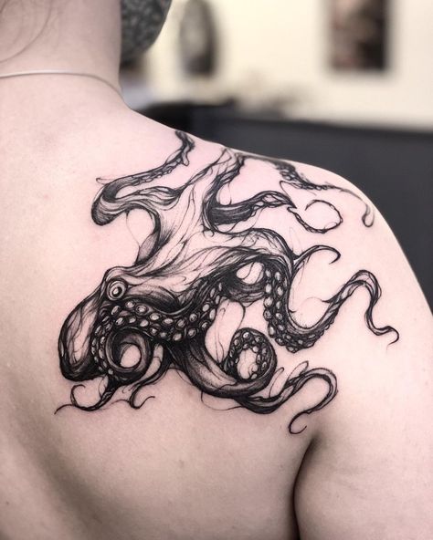 Gothic Octopus Tattoo, Creepy Octopus Tattoos, Cool Water Tattoos, Dark Octopus Tattoo, Octopus Tattoo Design Sketches, Octopus Tattoo Design Drawing, Octopus Shoulder Tattoo, Octopus Tattoos Shoulder, Cephalopod Tattoo