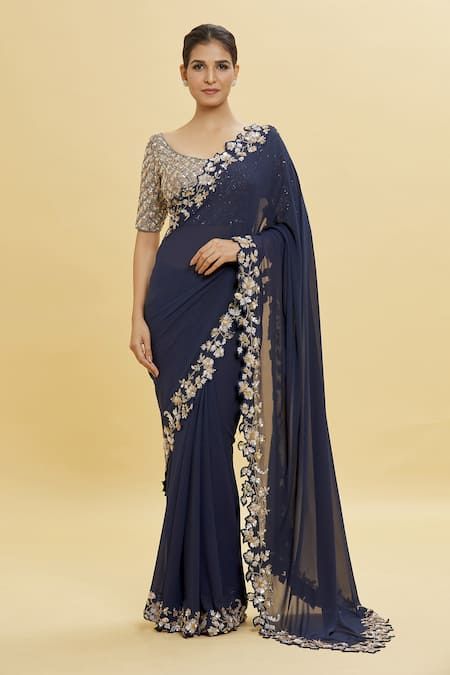 Buy Blue Georgette Embellished Floral Cut-work Border Saree With Blouse For Women by Shlok Design Online at Aza Fashions. Sarees For Girls, New Saree Designs, Fashionable Saree Blouse Designs, Modern Saree, Fancy Sarees Party Wear, Border Saree, Saree Blouse Patterns, Saree Designs Party Wear, Traditional Indian Outfits