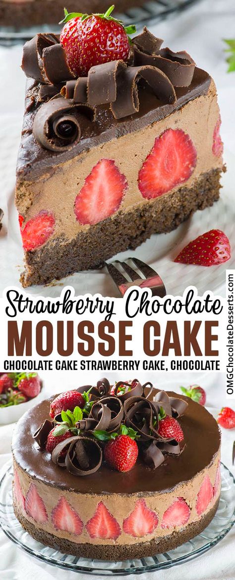 Chocolate cake with chocolate frosting, chocolate ganache, and sweet strawberries! This is the BEST chocolate cake recipe! #strawberry #chocolate #cake Strawberry Chocolate Mousse, Chocolate Strawberry Desserts, Strawberry Chocolate Cake, Strawberry Mousse Cake, Savory Cakes, Mousse Cake Recipe, Amazing Chocolate Cake Recipe, Chocolate Strawberry Cake, Strawberry Cake Recipes