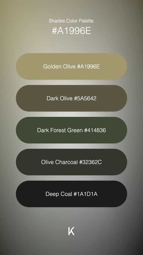 Shades Color Palette Golden Olive #A1996E · Dark Olive #5A5642 · Dark Forest Green #414836 · Olive Charcoal #32362C · Deep Coal #1A1D1A Overtly Olive Colour Palette, Golden Green Color Palette, Olive Tree Color Palette, Olive Drab Color Scheme, Dark Olive Green Color Palette, Dark Olive Color Palette, Dark Green Color Palette Colour Schemes, Colors That Go With Olive Green, Color Palette Olive Green