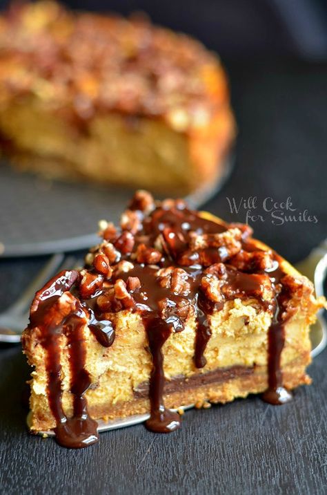 Pumpkin Chocolate Cheesecake 2 (c) willcookforsmiles.com #pumpkin #cheesecake #chocolate Pumpkin Chocolate Cheesecake, Chocolate Pumpkin Cheesecake, Dripping Chocolate, Will Cook For Smiles, Pumpkin Cheesecake Recipes, Chocolate Pumpkin, Cheesecake Pie, A Piece Of Cake, Piece Of Cake