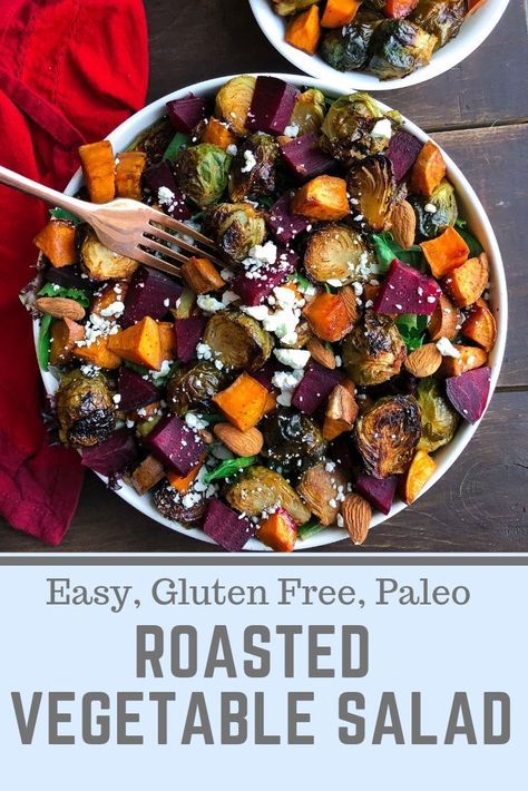 This roasted vegetable salad is easy, healthy, gluten free, and paleo. The perfect easy healthy side dish for Thanksgiving! Also a great easy paleo dinner recipe. A tasty holiday recipe everyone will love! Salad Roasted Vegetable, Fall Roasted Vegetable Salad, Healthy Side Dish For Party, Paleo Roasted Vegetables, Cooked Vegetable Salad, Roasted Veggie Salad Recipes, Roast Veggie Salad, Roast Veg Salad, Warm Vegetable Side Dish