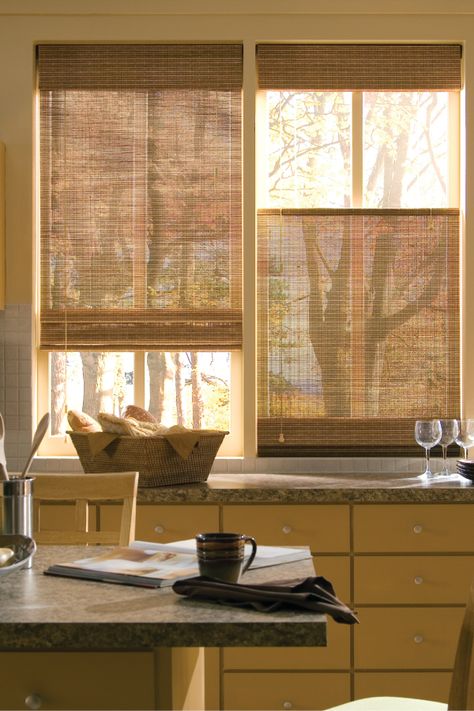 Bamboo Woven Shades, Natural Window Coverings, Kitchen Window Coverings, Kitchen Shades, Modern Window Treatments, Wooden Shades, Woven Wood Shades, Woven Wood, Hunter Douglas