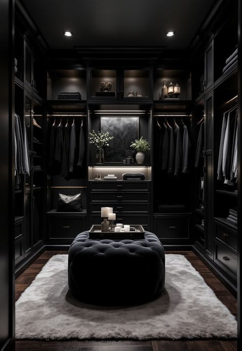 Walk in Closet Ideas Black Master Closet Walk In, Dark Luxury Walk In Closet, Black Luxury Closet, Luxury Black Closet, Closet Black Aesthetic, Dark Master Closet, Mens Walk In Wardrobe, Black Closet Walls, Masculine Walk In Closet