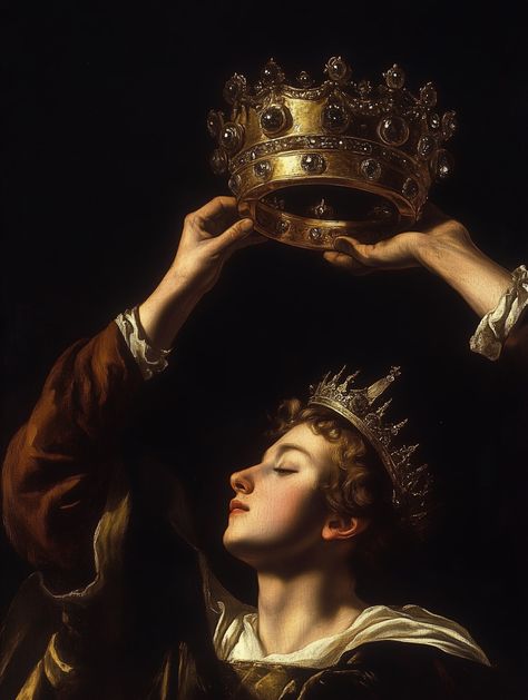 Vave BG - A Renaissance painting of someone placing a crown on another person's head, against a black background, kneeling with one hand holding the gold and jeweled crown above him as another person holds it up for him, with a dark background and dimly lit Wall Decor College, Shrimp Sauce, Classical Art, Aesthetic Aesthetic, Close Up, Crown