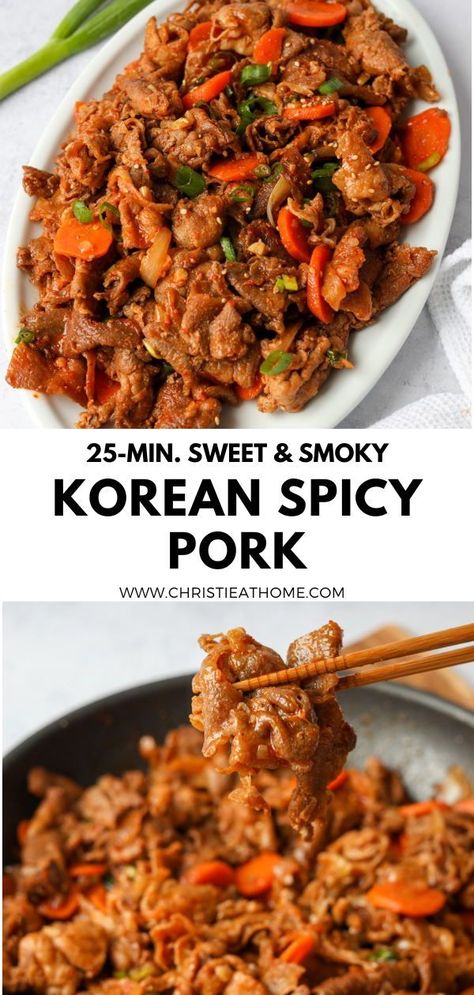 Jeyuk Bokkeum (Korean Spicy Pork). Tender pork stir-fried in a spicy, sweet and savoury gochujang sauce with onions, carrots, and garlic. Ready in 25 minutes! A popular Korean BBQ dish served at many restaurants for it's smoky and tasty flavours. The best part about my recipe is no grill is needed #korean bbq pork #korean spicy pork bulgogi #korean spicy pork recipe #easy korean recipes #korean pork recipes #korean dishes recipes Korean Pork Recipes, Jeyuk Bokkeum, Spicy Pork Bulgogi, Korean Spicy Pork, Pork Bulgogi Recipe, Pork Bulgogi, Recipes Korean, Easy Korean Recipes, Korean Pork