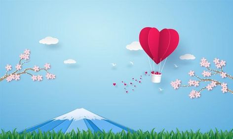 Balloon Heart, Paper Clouds, Fuji Mountain, Graphic Editing, The Grass, Vector Photo, Hot Air Balloon, Air Balloon, Hot Air