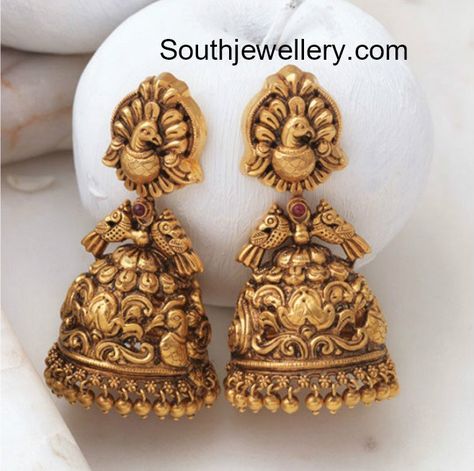 Antique Gold Peacock Jhumkis photo Matte Gold Jewelry, Temple Jewellery Earrings, Antique Gold Earrings, Gold Peacock, Gold Jhumka Earrings, Gold Temple Jewellery, Antique Gold Jewelry Indian, Gold Necklace Indian Bridal Jewelry, Antique Bridal Jewelry