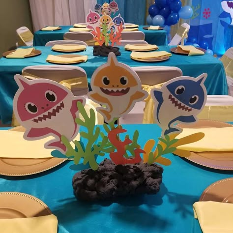 Baby shark Birthday Party Ideas | Photo 1 of 19 | Catch My Party Shark Birthday Party Ideas, Baby Shark Birthday Party, Shark Baby Shower, Shark Party Decorations, Shark Themed Party, Baby Shark Birthday, Shark Themed Birthday Party, Shark Decor, Boy Cake