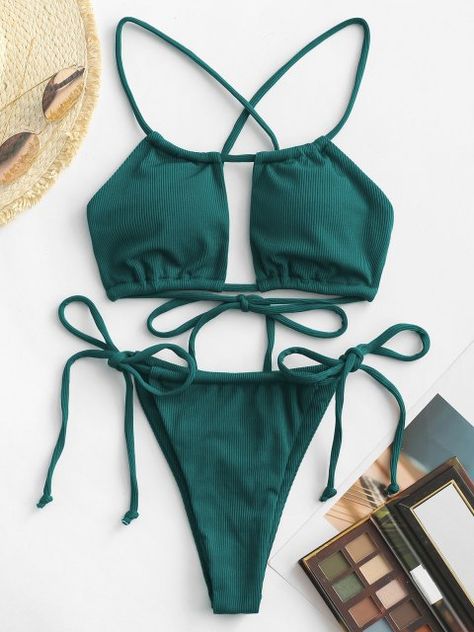 [34% OFF] 2021 ZAFUL Ribbed Crisscross Back Tie Cutout Bikini Swimwear In DEEP GREEN | ZAFUL Swimwear 2021, Marvel Shirt, Ribbed Texture, Really Cute Outfits, Romper With Skirt, Plus Size Swimwear, Summer Trends, Swimwear Collection, Swimwear Fashion