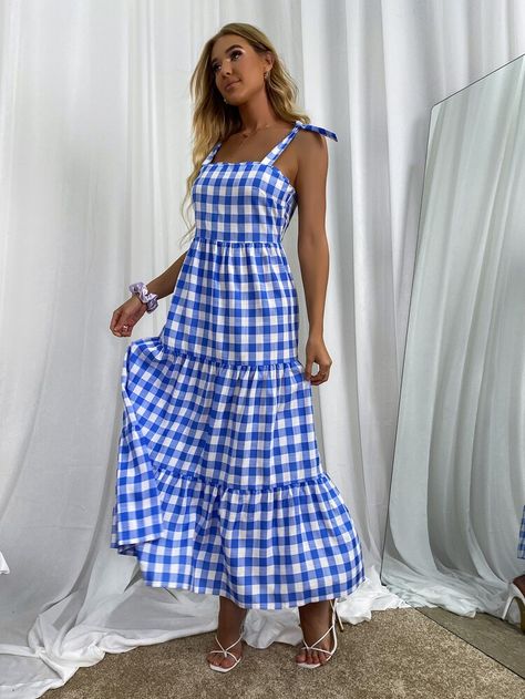 Gingham Tie Shoulder Ruffle Hem Cami Dress | SHEIN USA Check Dress, Shein Style, Cami Dress, Stylish Dresses, Sewing Clothes, Fashion Online Shop, Dress P, Gingham, All Fashion