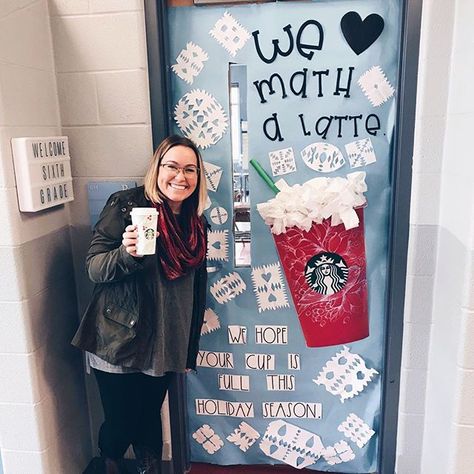 Winter Holiday Door Decoration @starbucks Math Christmas Door Decorations, Winter Dorm Door Decorations, Math Winter Door Decorations, Winter Door Decs, Math Door, Math Door Decorations, Christmas Themed Teacher Doors, Coaching Office, Starbucks Classroom