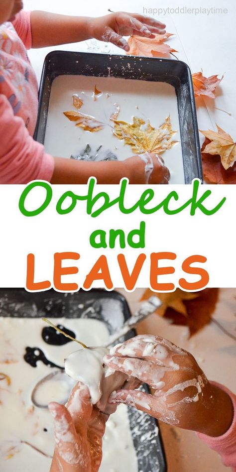 OOBLECK AND LEAVES – HAPPY TODDLER PLAYTIME Fall Sensory Bin, Fall Activities For Toddlers, Fall Sensory, Activity For Toddlers, Fall Preschool Activities, Play Activity, Fall Activity, Sensory Activities Toddlers, Sensory Activity