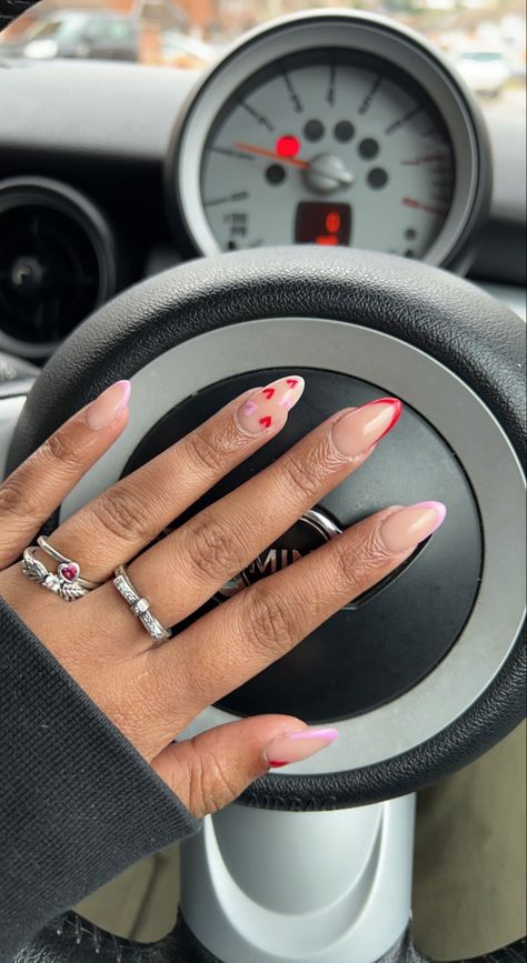 heart acrylic nails rings red pink car cute february Nail Valentine, Nails Rings, Car Cute, Rings Red, Nail Ring, Pink Car, Valentines Nails, Acrylic Nails, Valentines