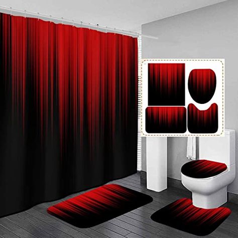 Red And Black Decor, Red Bathroom Accessories, Black Bathroom Sets, Black Bathroom Accessories Set, Black Shower Curtain, Bathroom Curtain Set, Curtains Decor, Beautiful Bedroom Decor, Red Bathroom