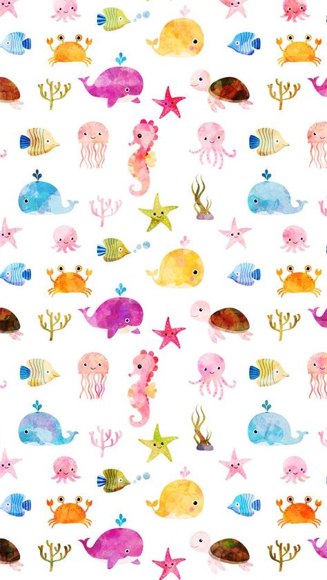 Sea Creature Background, Sea Animal Background, Summer Wallpaper Kawaii, Ocean Animal Wallpaper, Cute Fish Wallpaper, Sea Animal Wallpaper, Sea Creature Wallpaper, Sea Animals Wallpaper, Under The Sea Wallpaper