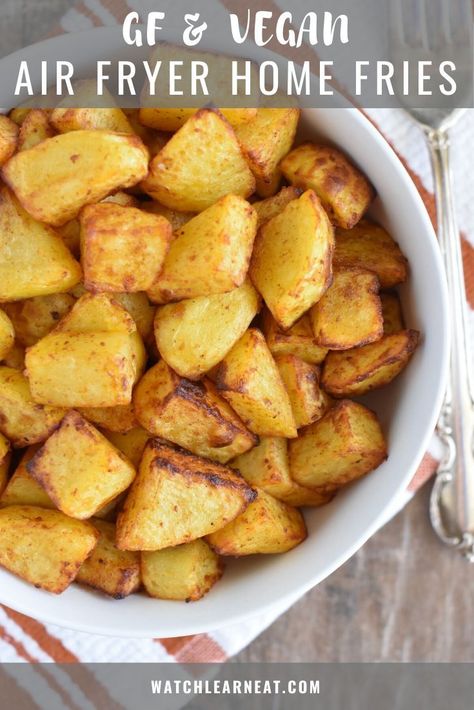 These air fryer home fries are an easy to make breakfast side dish that's ready in just 15 minutes! Serve these gluten-free and vegan breakfast potatoes alongside tempeh bacon or tofu scramble for a hearty morning meal. #veganrecipes #glutenfreerecipes #glutenfreedairyfreerecipes #glutenfreeveganrecipes #potatoes #breakfast #airfryer #airfryerrecipes #dairyfreerecipes #homefries Air Fryer Home Fries, Air Fryer Roasted Potatoes, Air Fry Potatoes, Breakfast Sides Dishes, Tempeh Bacon, Breakfast Sides, Easy To Make Breakfast, Roasted Potato Recipes, Home Fries