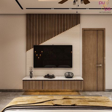 Small Tv Unit Design Modern Bedroom, Tv Paneling, Modern Table Decorations, Simple Tv Unit, Simple Tv Unit Design, Tv Cabinet Wall Design, Tv Unit Bedroom, Small Tv Unit, Lcd Panel Design