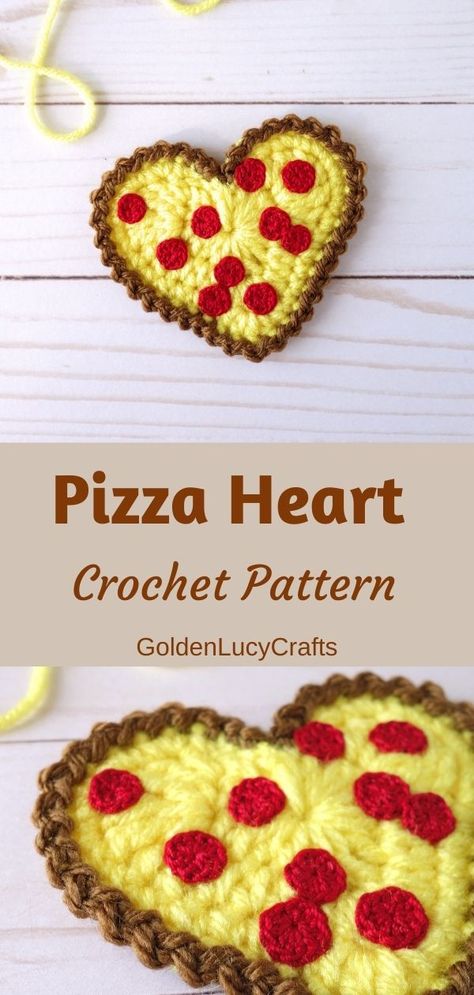 This crochet heart-shaped Pizza applique will make a nice small gift or can be used as a cute handmade clothes embellishment for those who can’t live without pepperoni pizza! Free crochet pattern, crochet applique, motif, Valentine's Day, Christmas ornament. Crochet Pizza Applique, Small Valentine Crochet, Pizza Crochet Pattern Free, Cute Crochet Applique Patterns Free, Pizza Granny Square, Small Crochet Valentines Ideas, Pizza Crochet Pattern, Cute Crochet Appliques, Small Crochet Applique Patterns Free