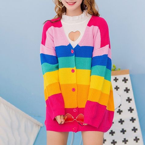 Kawaii Harajuku Fashion, Kristina Webb, Japanese Hoodie, Rainbow Outfit, Rainbow Fashion, Crochet Jacket, Japan Fashion, Harajuku Fashion, Ladies Dress Design