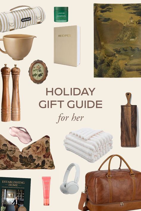 holiday gift guide for her with images of a tapestry, tapestry pillow, weekender bag, headphones, lip balm, laneige sleeping mask, ceramic bowl, design book, charcueterie board, oval frame, sleeping mask, white blanket, recipe book, picnic blanket, and salt and pepper grinders. Skin Care Christmas Gift, Gift Guide Women’s, Must Have Christmas Gifts For Women, Elegant Gifts For Women, Gift Guide For Women In Their 20s, Gift Ideas Older Women, Homebody Gift Guide, Bougie Gifts For Her, Wife Christmas Gifts For Women