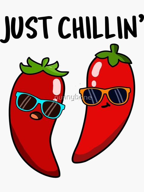 "Just Chillin' Pepper Food Pun" Sticker by punnybone | Redbubble Punny Puns, Funny Food Puns, Food Pun, Cute Puns, Food Puns, Cute Food Drawings, Funny Illustration, Funny Doodles, Funny Drawings